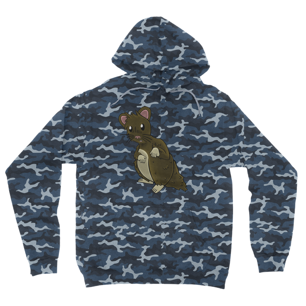 Brown Hamster Camouflage Adult Hoodie featuring all-over camo design, kangaroo pouch pocket, and double fabric hood.