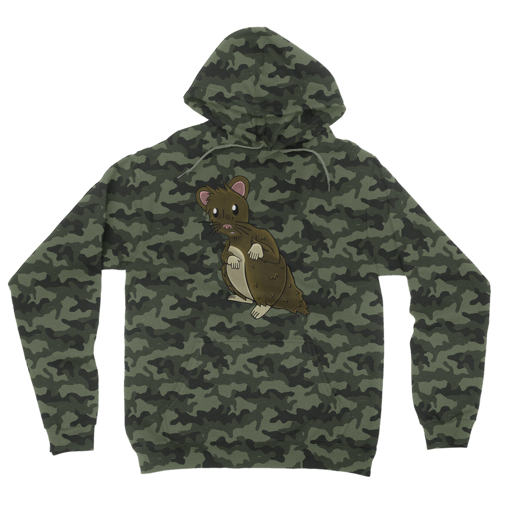 Brown Hamster Camouflage Adult Hoodie featuring all-over camo design, kangaroo pouch pocket, and double fabric hood.