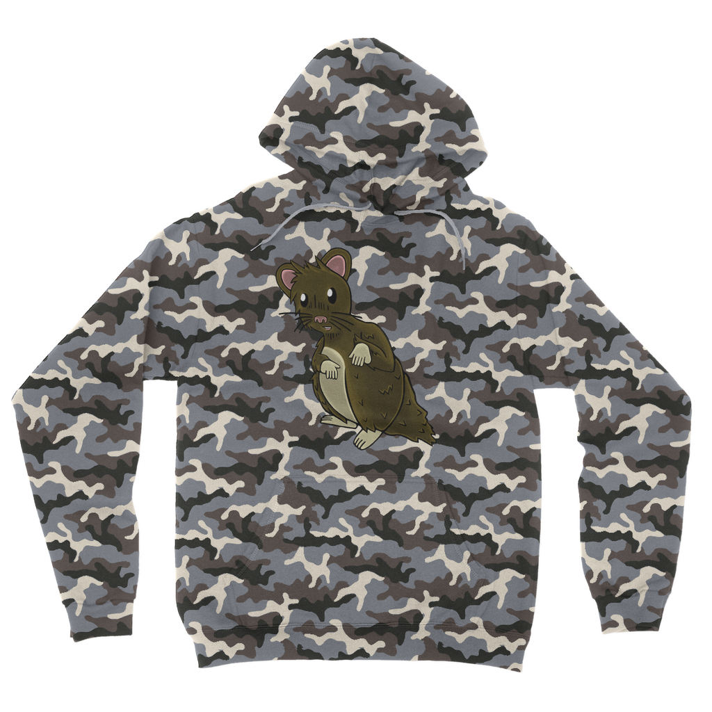 Brown Hamster Camouflage Adult Hoodie featuring all-over camo design, kangaroo pouch pocket, and double fabric hood.