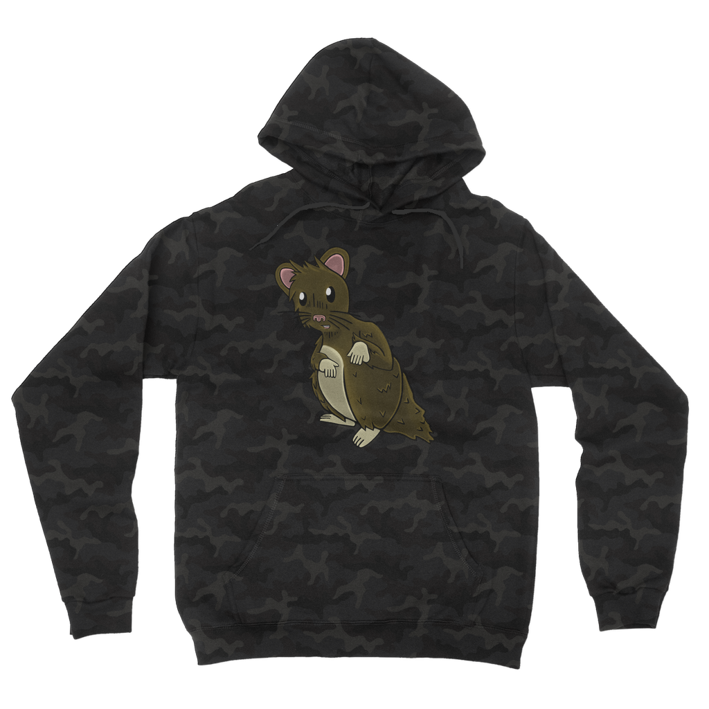 Brown Hamster Camouflage Adult Hoodie featuring all-over camo design, kangaroo pouch pocket, and double fabric hood.