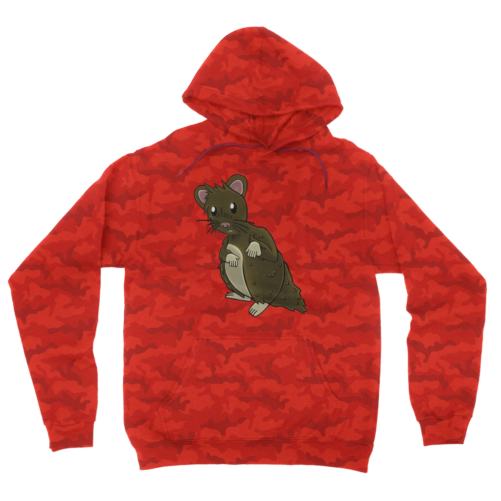 Brown Hamster Camouflage Adult Hoodie featuring all-over camo design, kangaroo pouch pocket, and double fabric hood.