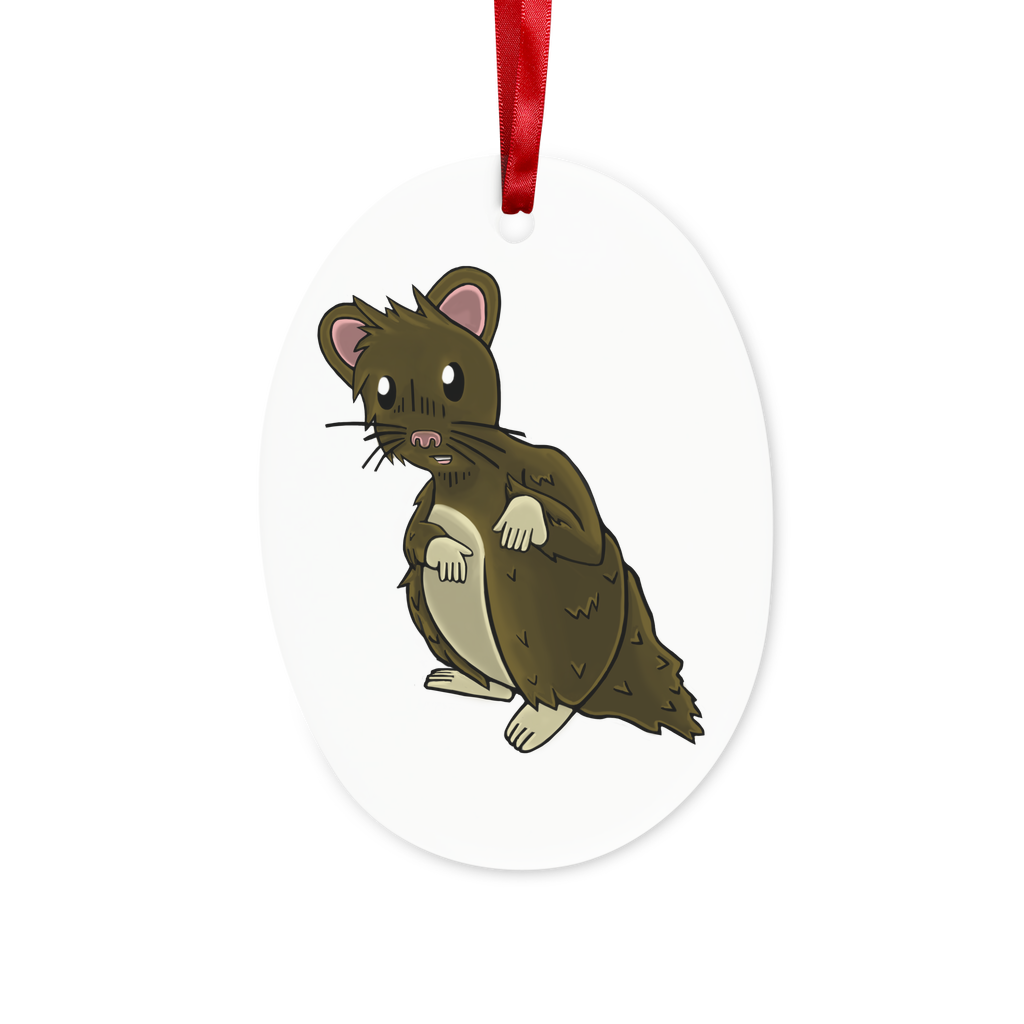 Brown ceramic hanging ornament shaped like a hamster, featuring a hole for hanging with a red ribbon and gold string.