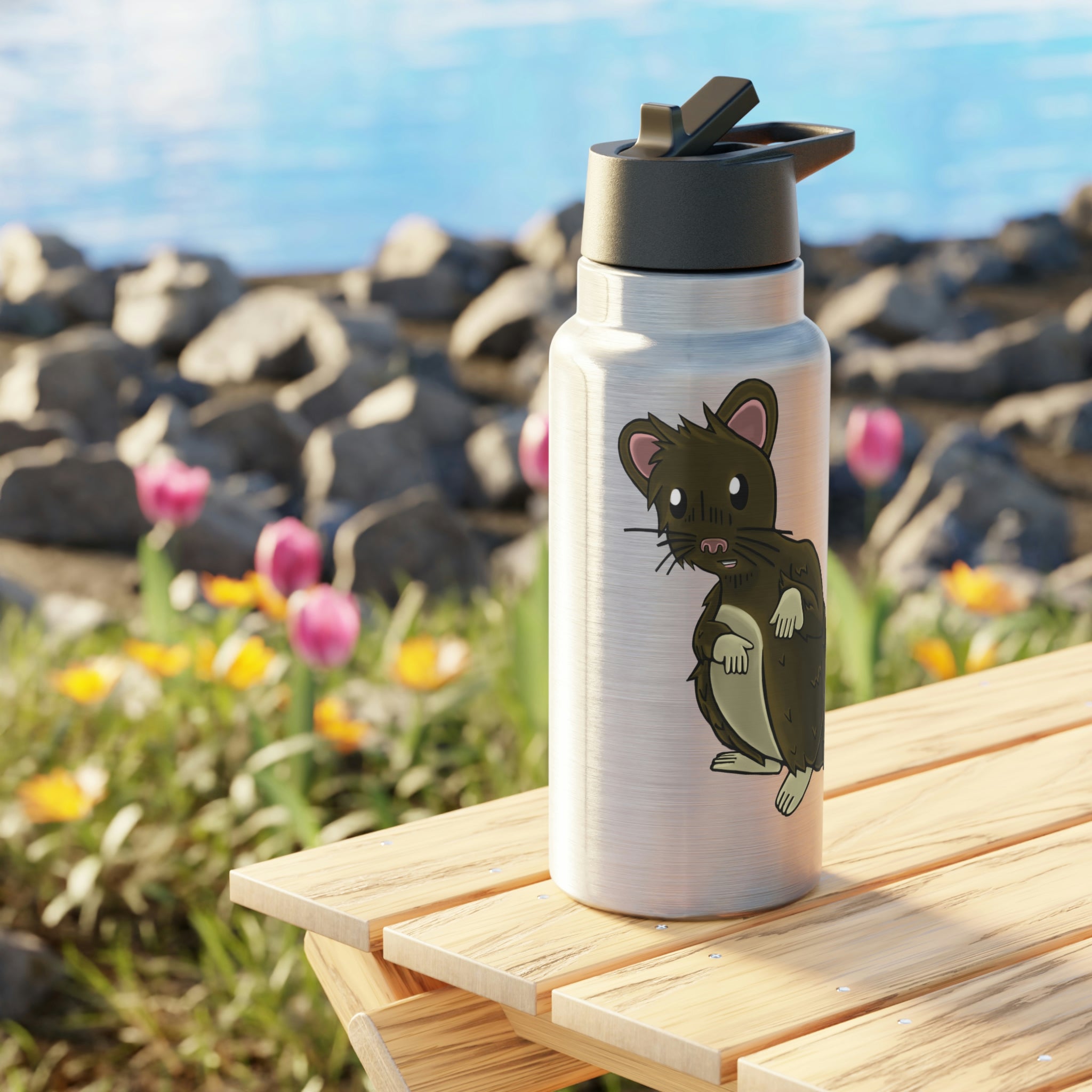 Brown Hamster Gator Tumbler, 32oz, stainless steel with a black cap and straw, showcasing a customizable design.