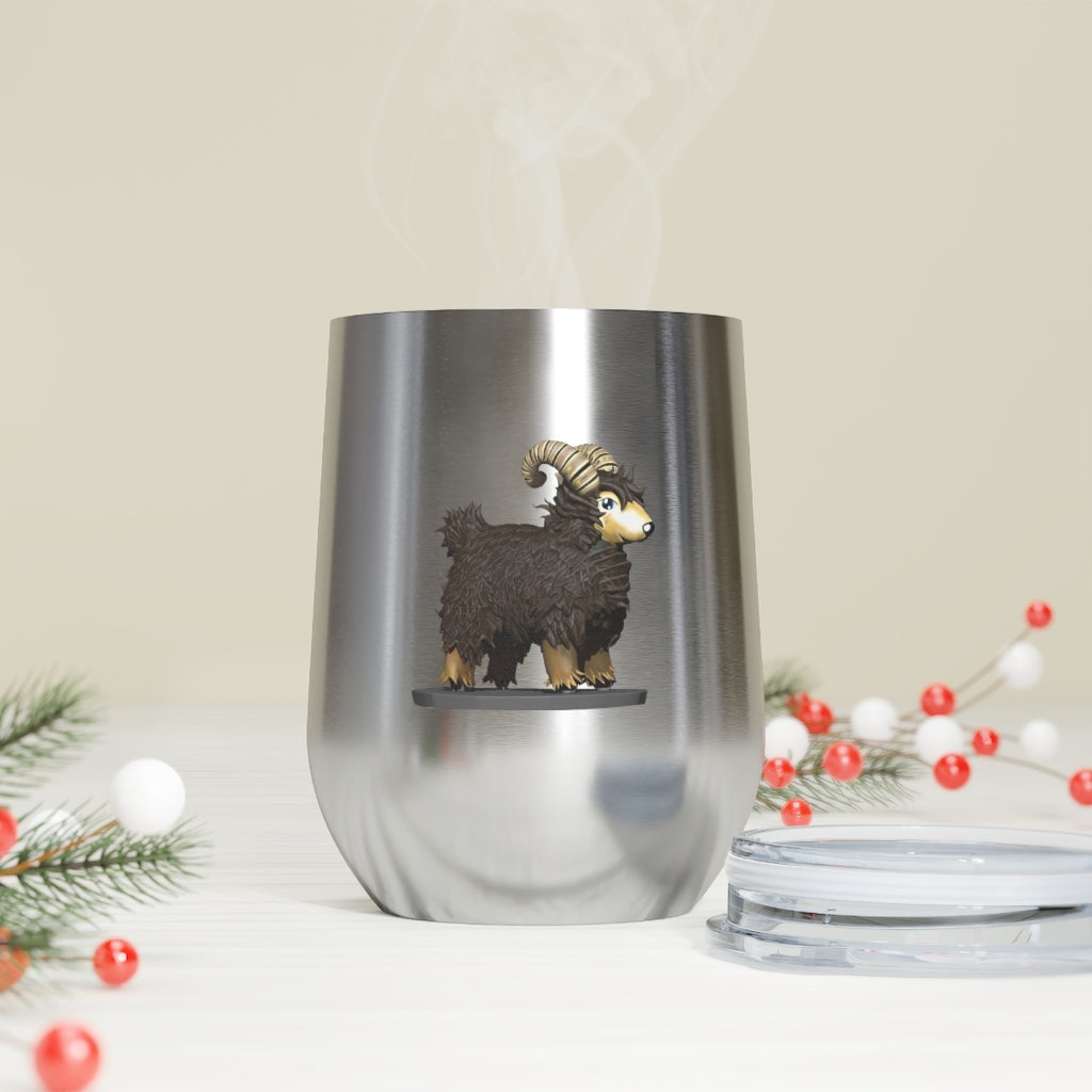 Brown Sheep 12oz Insulated Wine Tumbler with clear lid, showcasing its stainless steel design and double-wall insulation.