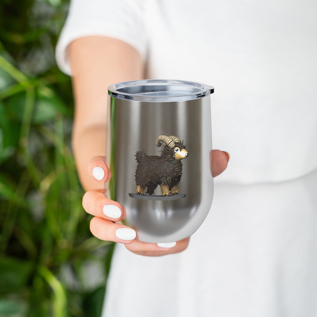 Brown Sheep 12oz Insulated Wine Tumbler with clear lid, showcasing its stainless steel design and double-wall insulation.