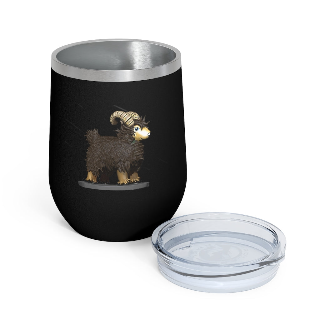 Brown Sheep 12oz Insulated Wine Tumbler with clear lid, showcasing its stainless steel design and double-wall insulation.