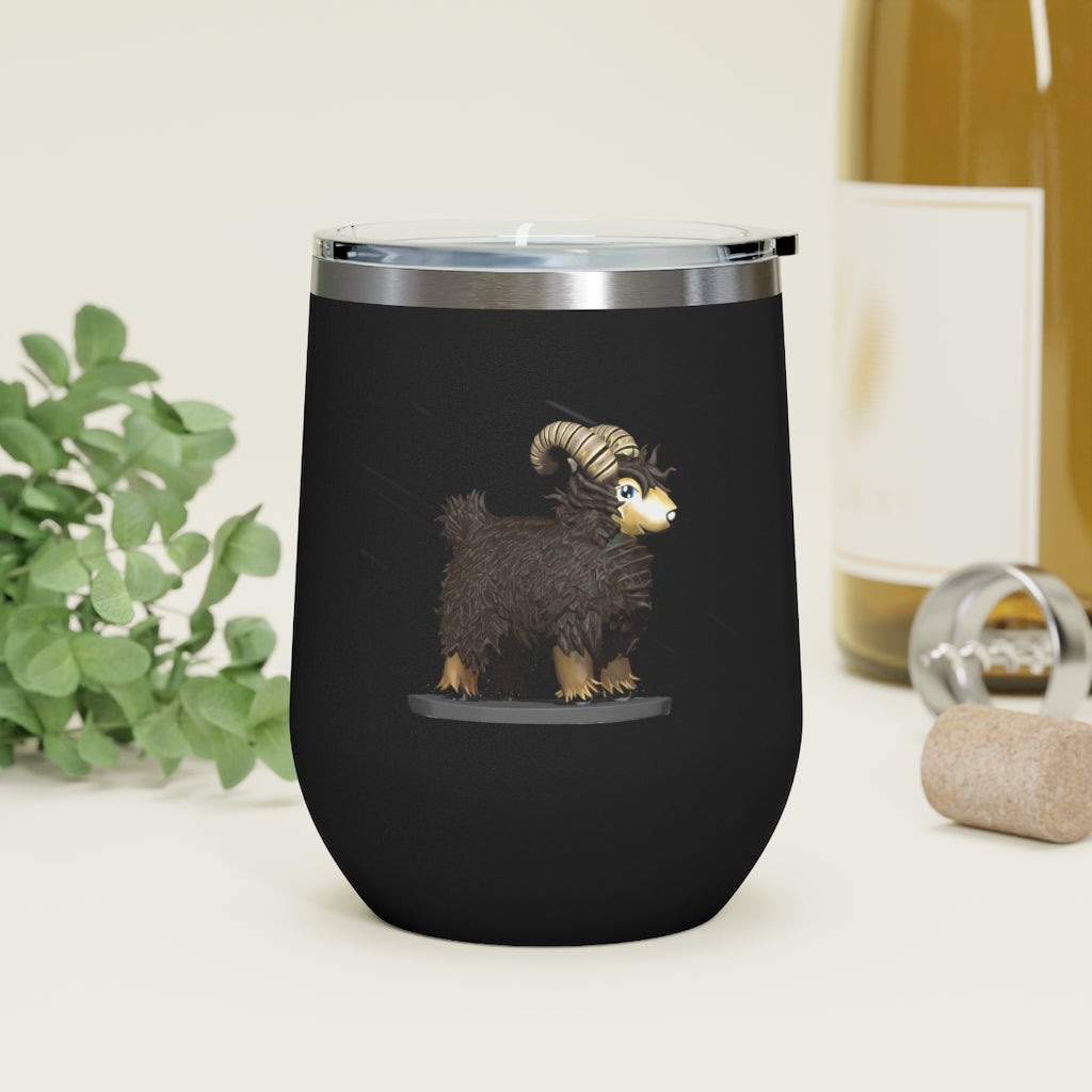 Brown Sheep 12oz Insulated Wine Tumbler with clear lid, showcasing its stainless steel design and double-wall insulation.