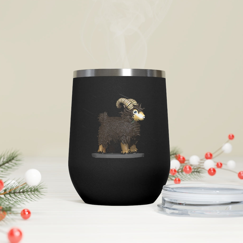 Brown Sheep 12oz Insulated Wine Tumbler with clear lid, showcasing its stainless steel design and double-wall insulation.