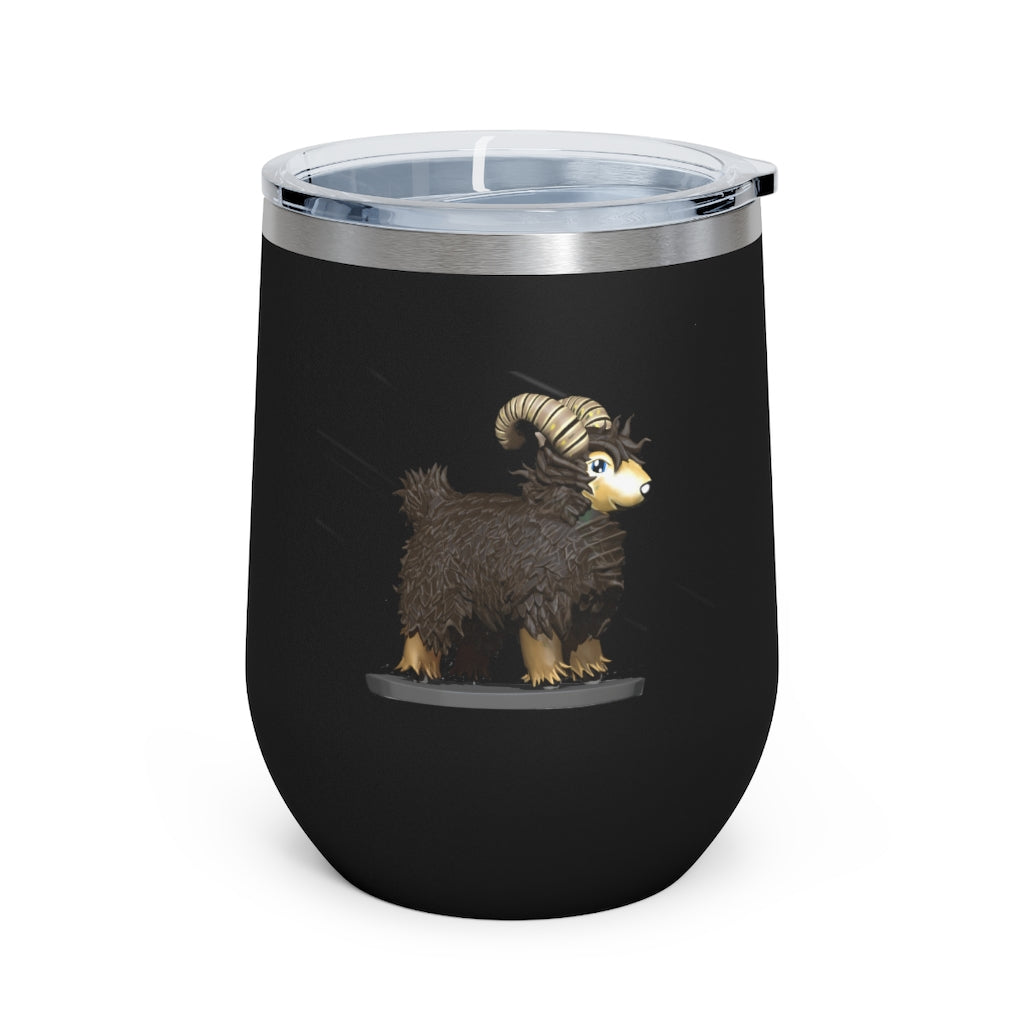 Brown Sheep 12oz Insulated Wine Tumbler with clear lid, showcasing its stainless steel design and double-wall insulation.