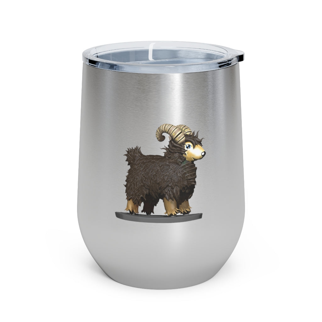 Brown Sheep 12oz Insulated Wine Tumbler with clear lid, showcasing its stainless steel design and double-wall insulation.