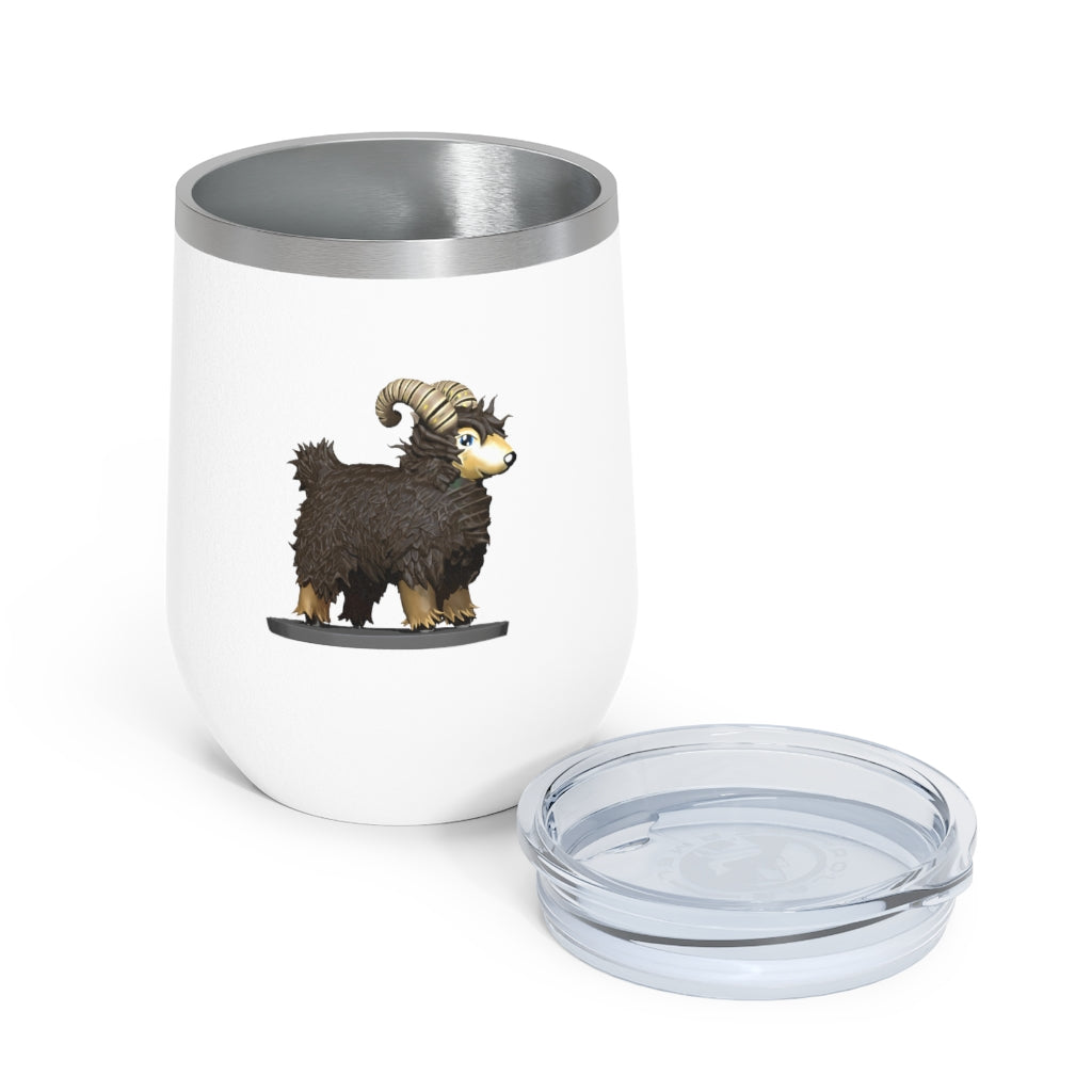 Brown Sheep 12oz Insulated Wine Tumbler with clear lid, showcasing its stainless steel design and double-wall insulation.