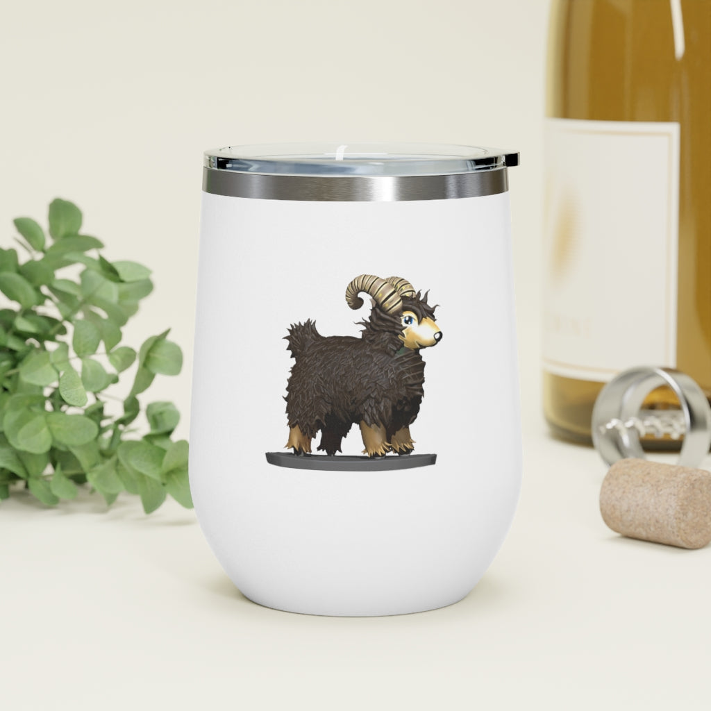 Brown Sheep 12oz Insulated Wine Tumbler with clear lid, showcasing its stainless steel design and double-wall insulation.