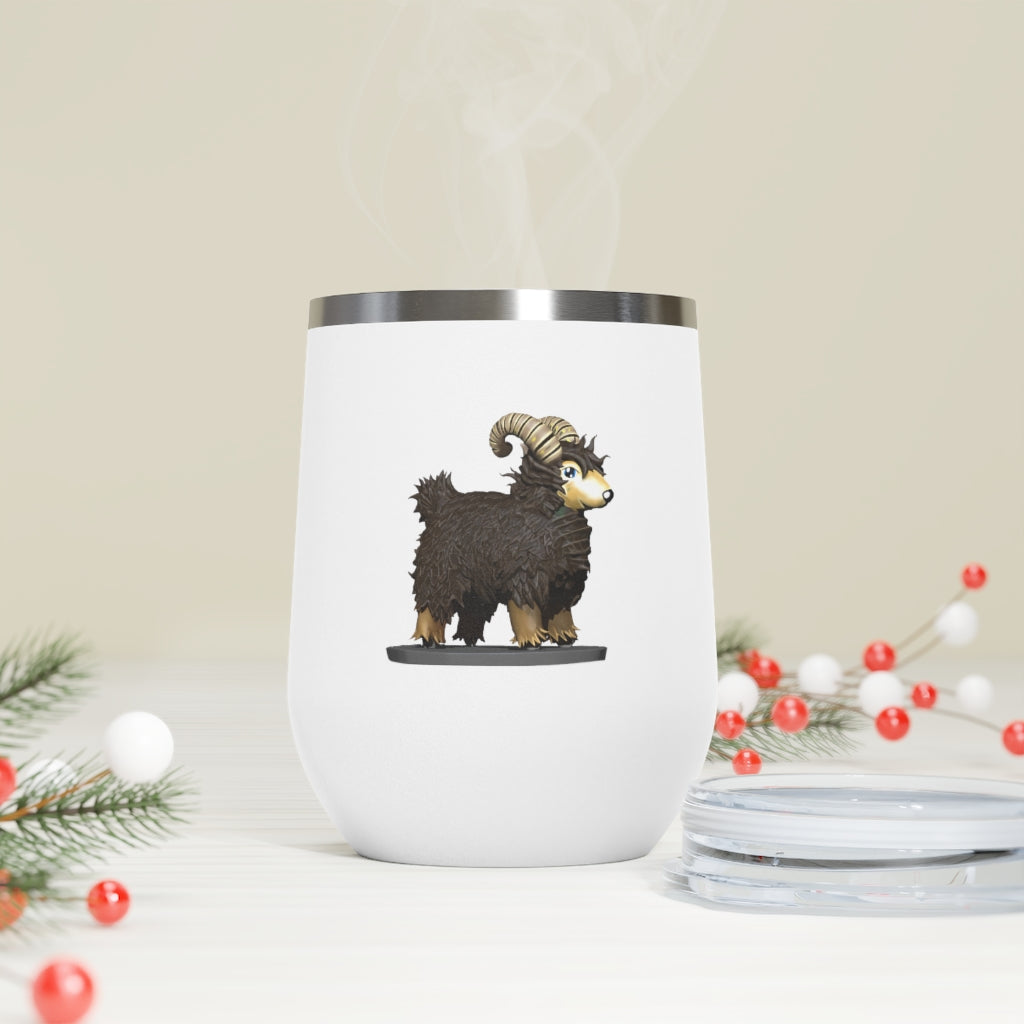 Brown Sheep 12oz Insulated Wine Tumbler with clear lid, showcasing its stainless steel design and double-wall insulation.