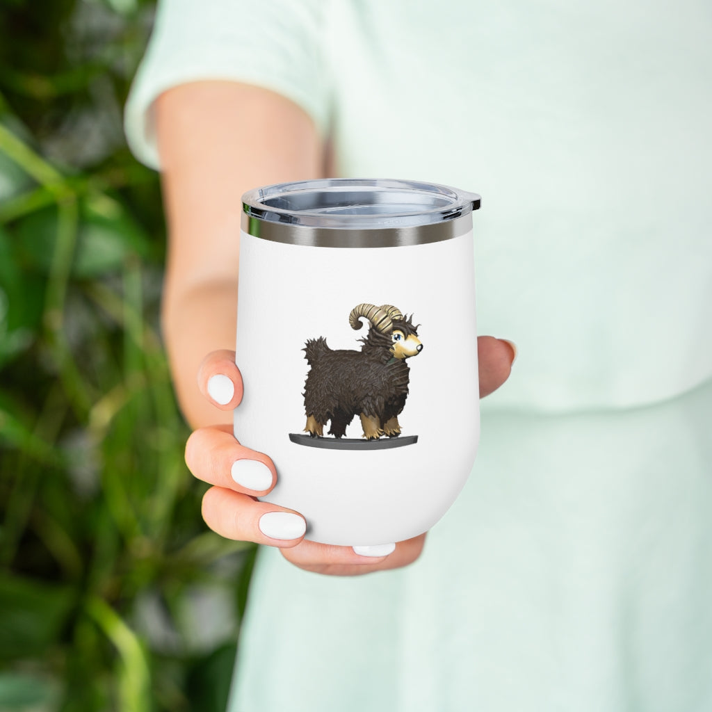 Brown Sheep 12oz Insulated Wine Tumbler with clear lid, showcasing its stainless steel design and double-wall insulation.