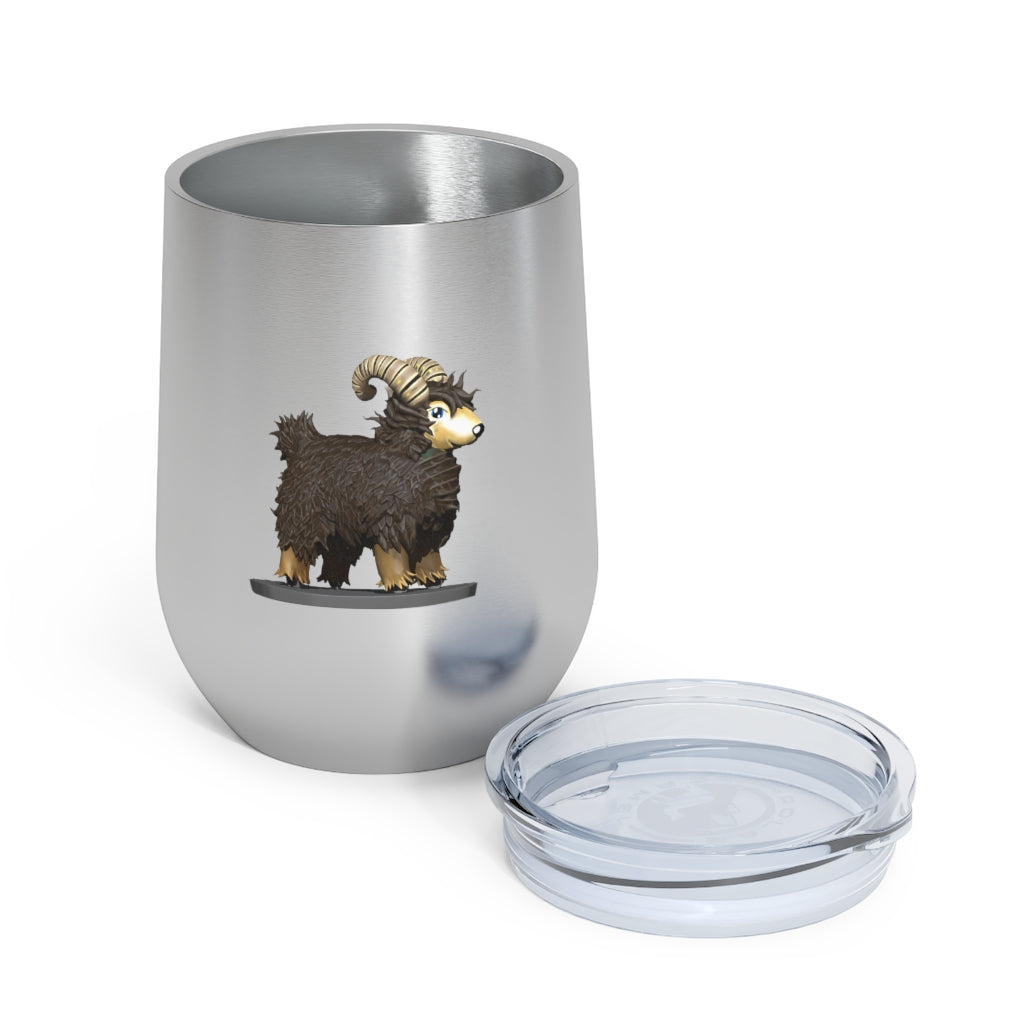 Brown Sheep 12oz Insulated Wine Tumbler with clear lid, showcasing its stainless steel design and double-wall insulation.