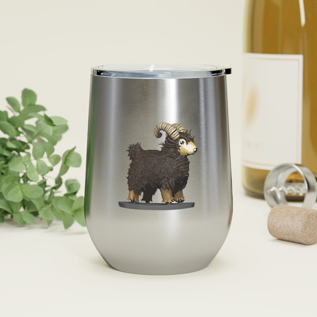 Brown Sheep 12oz Insulated Wine Tumbler with clear lid, showcasing its stainless steel design and double-wall insulation.