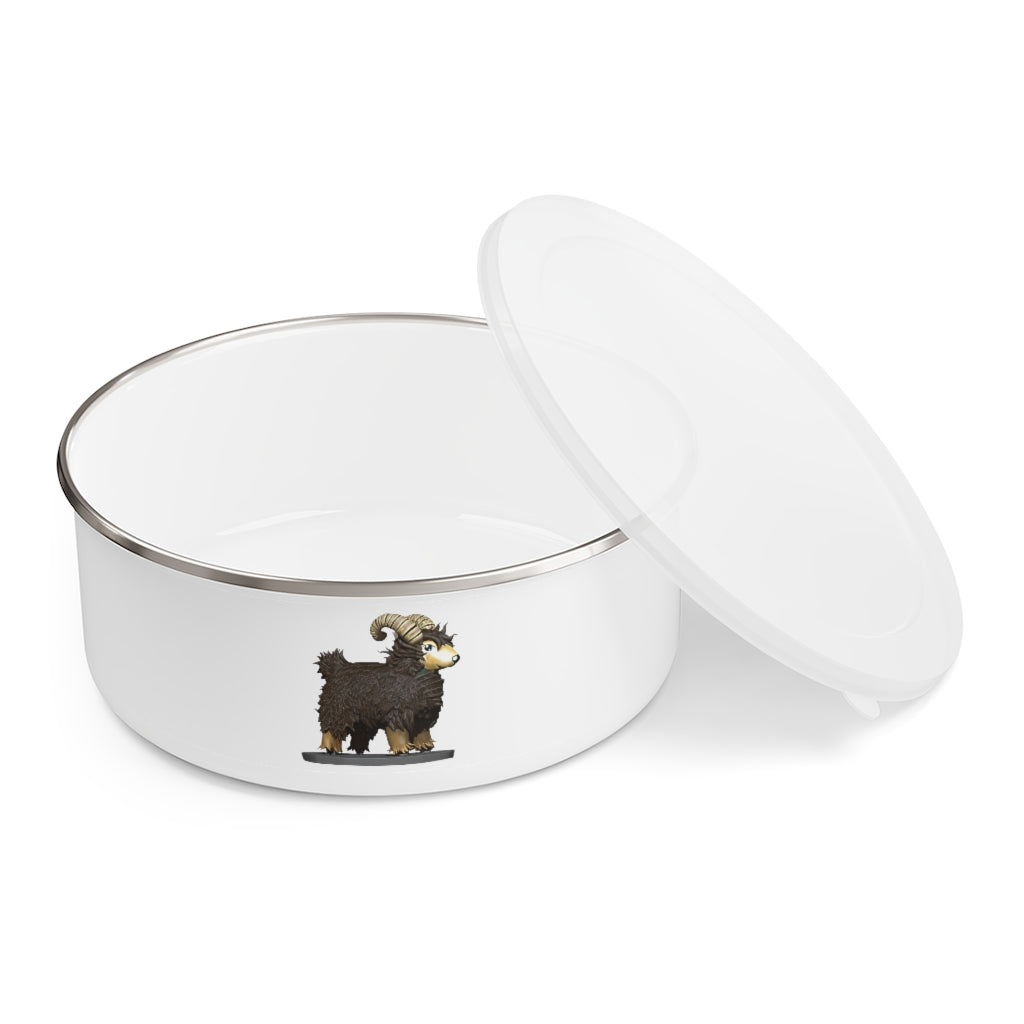 Brown Sheep Enamel Bowl made of stainless steel with a translucent plastic lid, featuring a stylish print around the exterior.