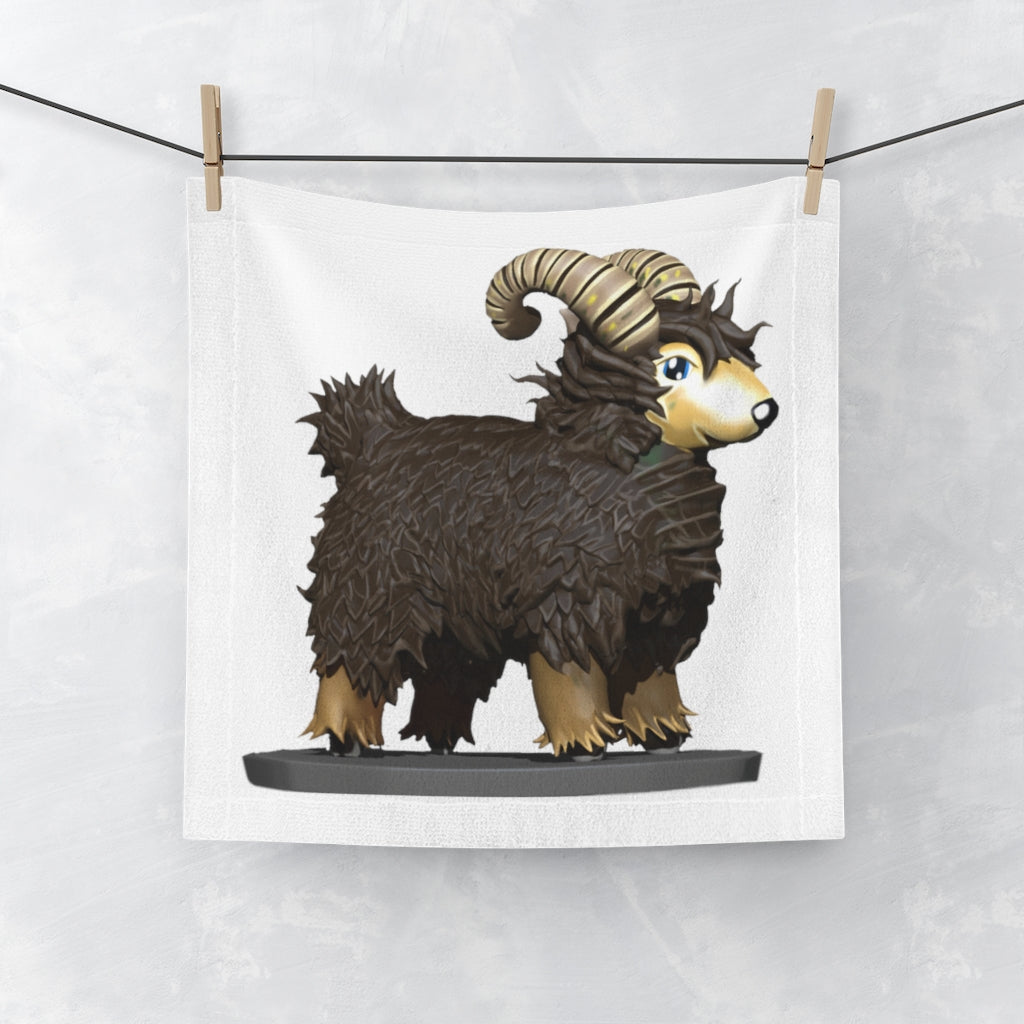 Brown Sheep Face Towel featuring a customizable polyester front and soft cotton back, ideal for personal use or gifting.