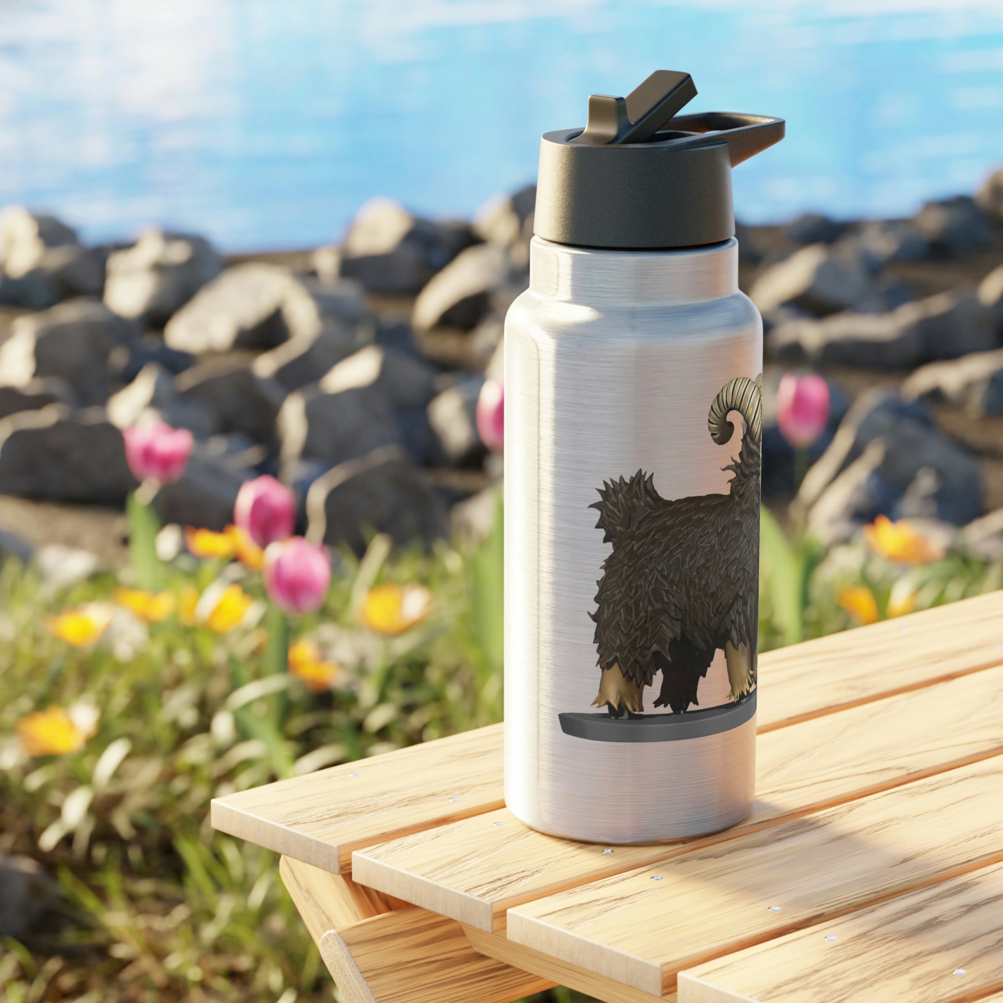 Brown Sheep Gator Tumbler, 32oz, stainless steel with a black cap and straw, customizable design.