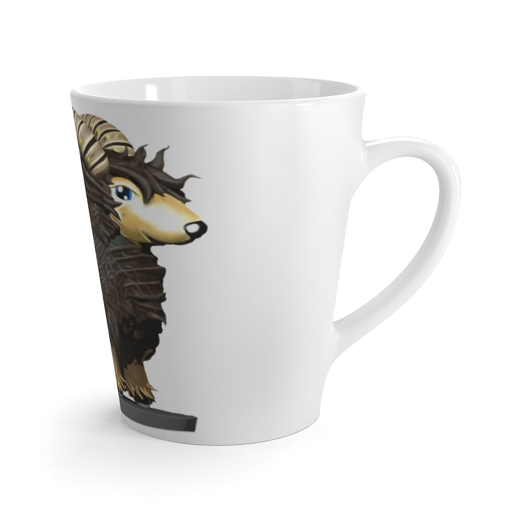 Brown Sheep Latte Mug in white ceramic with vibrant sublimation printing, featuring rounded corners and a comfortable C-handle.