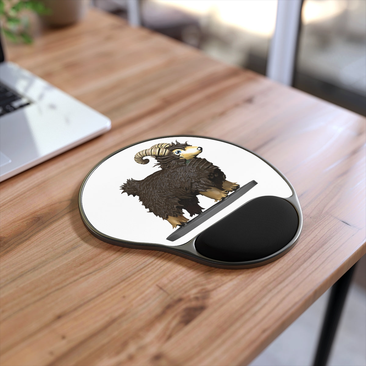 Brown Sheep Mouse Pad featuring a Memory Foam wrist rest and a foot-shaped design, perfect for ergonomic support.