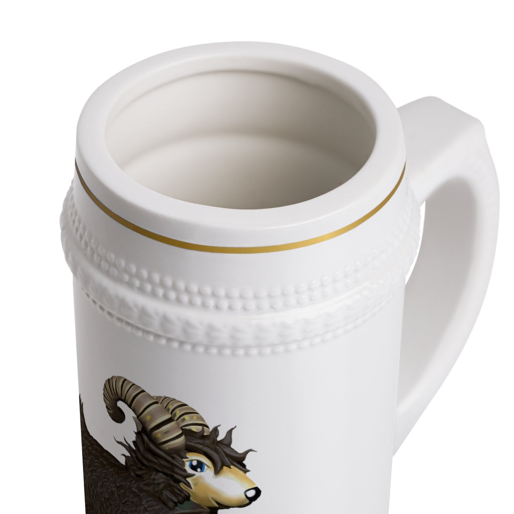 A stylish Brown Sheep Stein Mug made of durable white ceramic with ribbed outlines, perfect for custom designs.