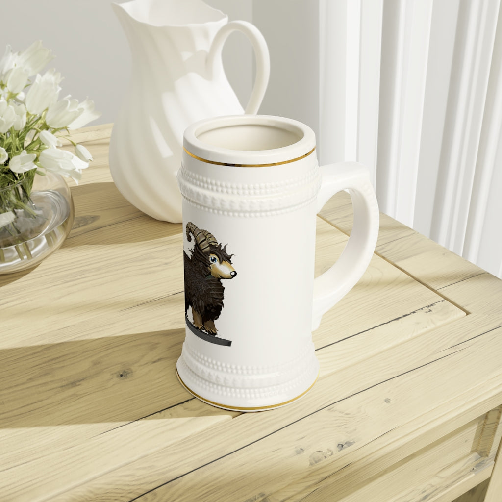 A stylish Brown Sheep Stein Mug made of durable white ceramic with ribbed outlines, perfect for custom designs.