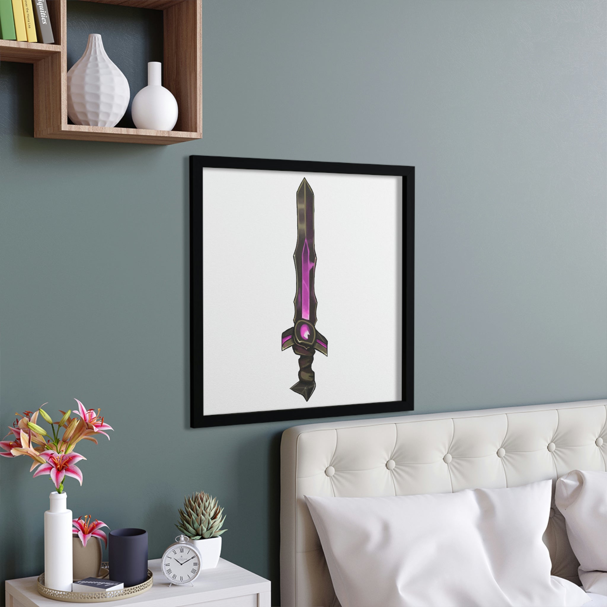 Brown Sword Framed Poster with a hand-crafted wooden frame, showcasing vibrant colors and intricate details, ready for hanging.