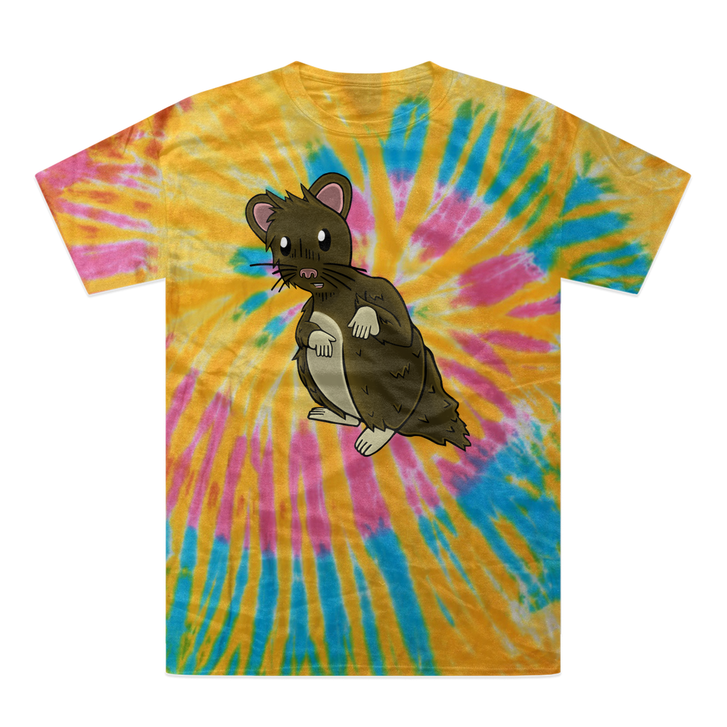 BrownHamster Tie-Dye T-Shirt featuring vibrant colors and a double-needle stitched neckline, showcasing unique hand-dyed patterns.