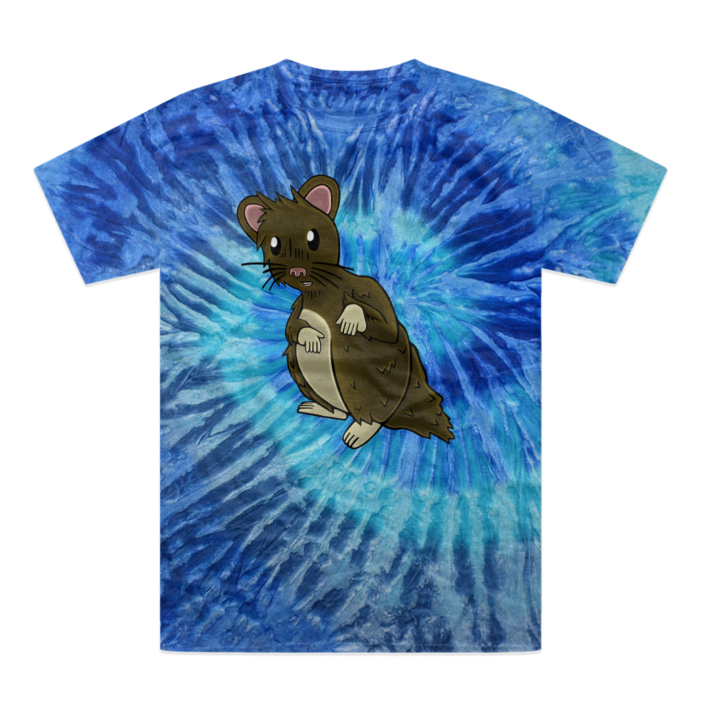 BrownHamster Tie-Dye T-Shirt featuring vibrant colors and a double-needle stitched neckline, showcasing unique hand-dyed patterns.