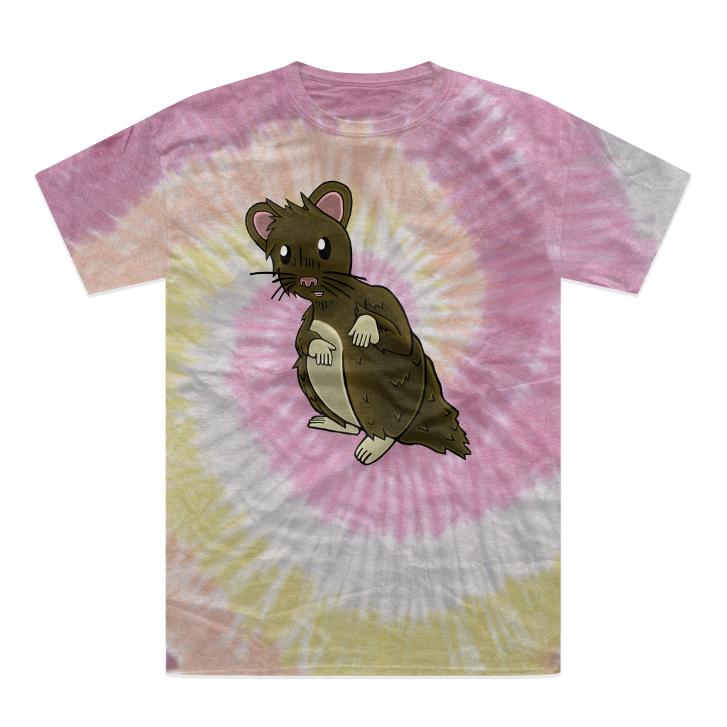 BrownHamster Tie-Dye T-Shirt featuring vibrant colors and a double-needle stitched neckline, showcasing unique hand-dyed patterns.