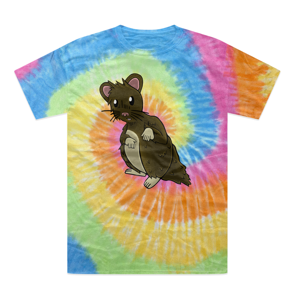 BrownHamster Tie-Dye T-Shirt featuring vibrant colors and a double-needle stitched neckline, showcasing unique hand-dyed patterns.