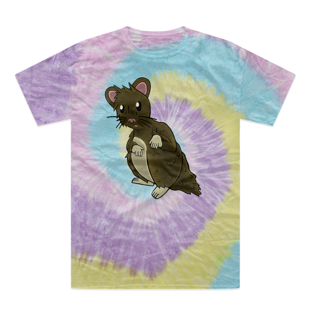 BrownHamster Tie-Dye T-Shirt featuring vibrant colors and a double-needle stitched neckline, showcasing unique hand-dyed patterns.