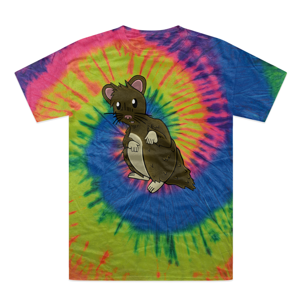 BrownHamster Tie-Dye T-Shirt featuring vibrant colors and a double-needle stitched neckline, showcasing unique hand-dyed patterns.