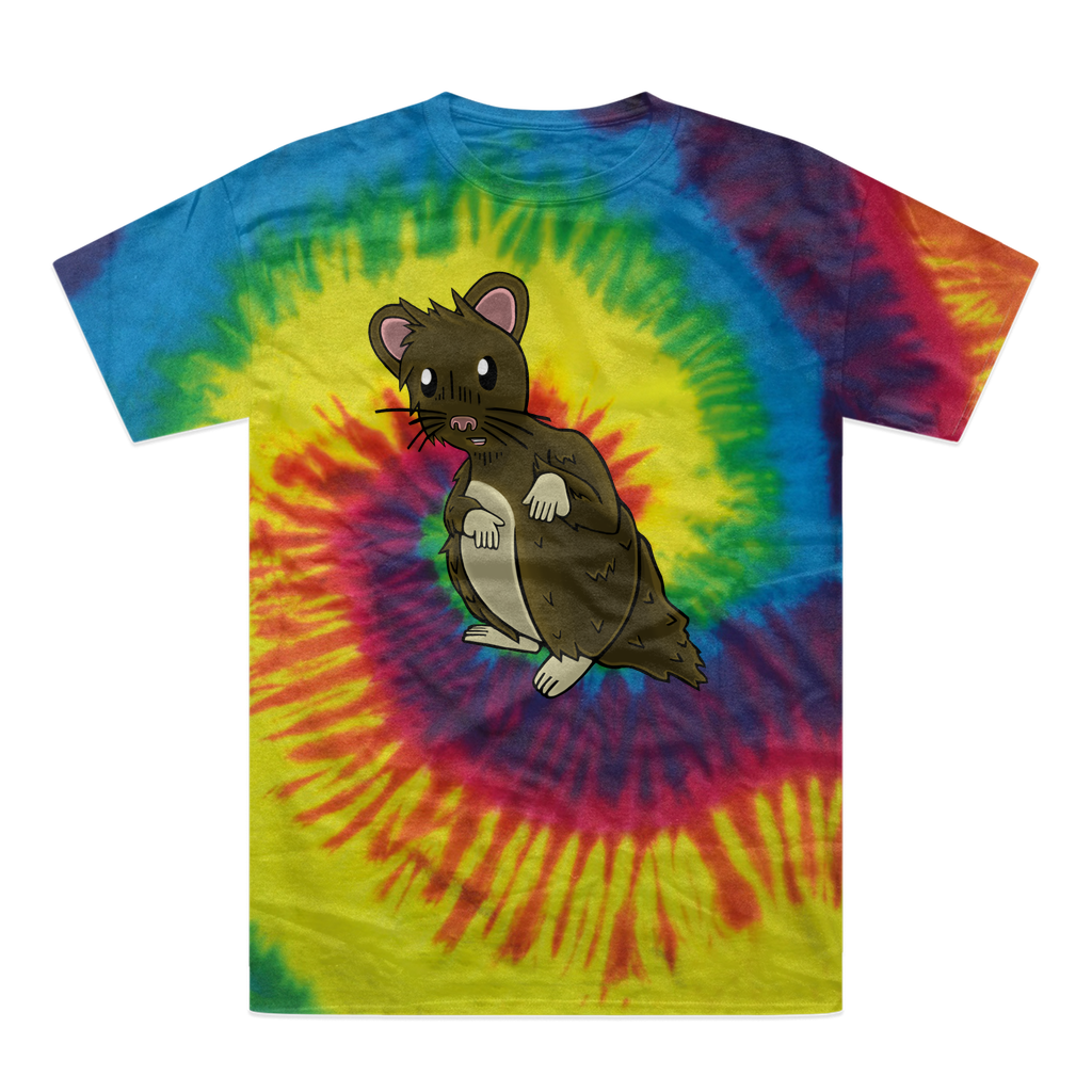 BrownHamster Tie-Dye T-Shirt featuring vibrant colors and a double-needle stitched neckline, showcasing unique hand-dyed patterns.