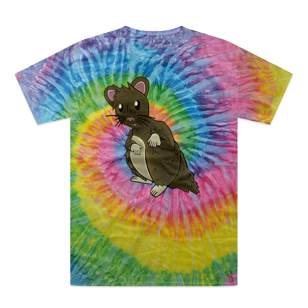 BrownHamster Tie-Dye T-Shirt featuring vibrant colors and a double-needle stitched neckline, showcasing unique hand-dyed patterns.