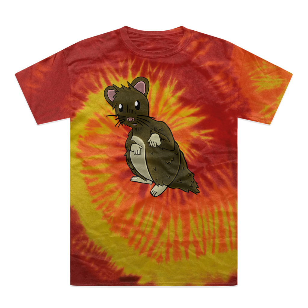 BrownHamster Tie-Dye T-Shirt featuring vibrant colors and a double-needle stitched neckline, showcasing unique hand-dyed patterns.