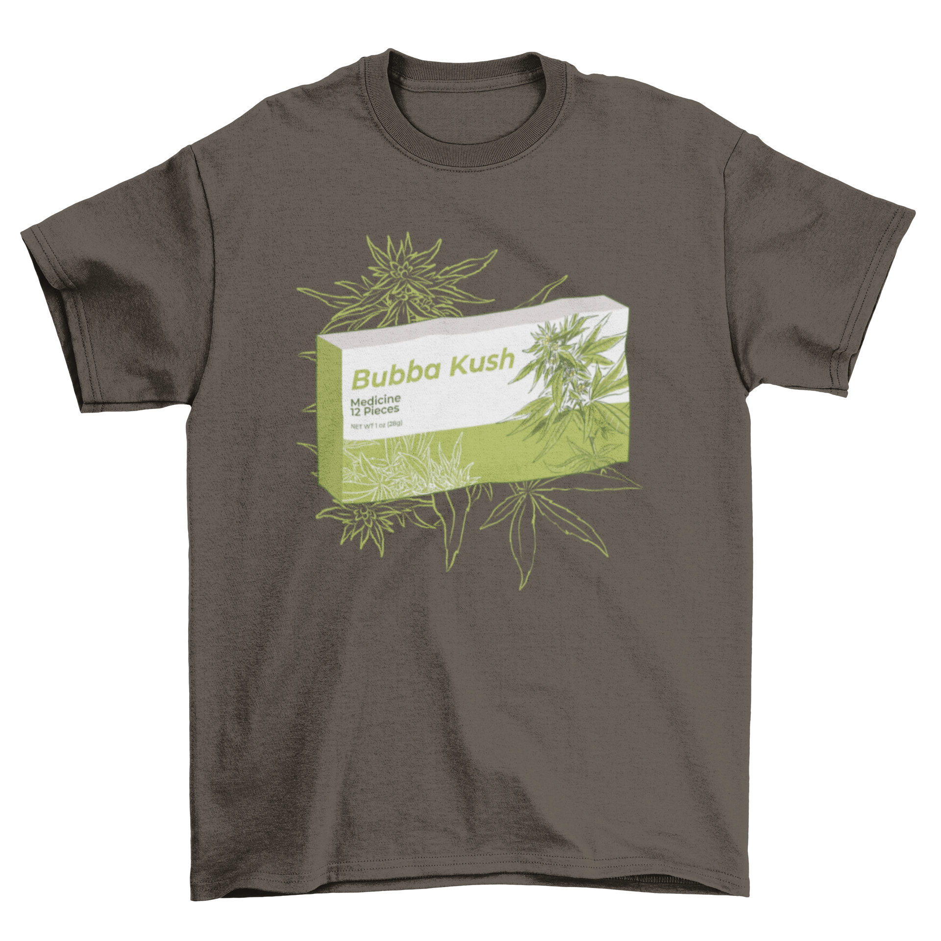 Bubba Kush t-shirt featuring a vibrant design of a medicine package, perfect for cannabis enthusiasts.