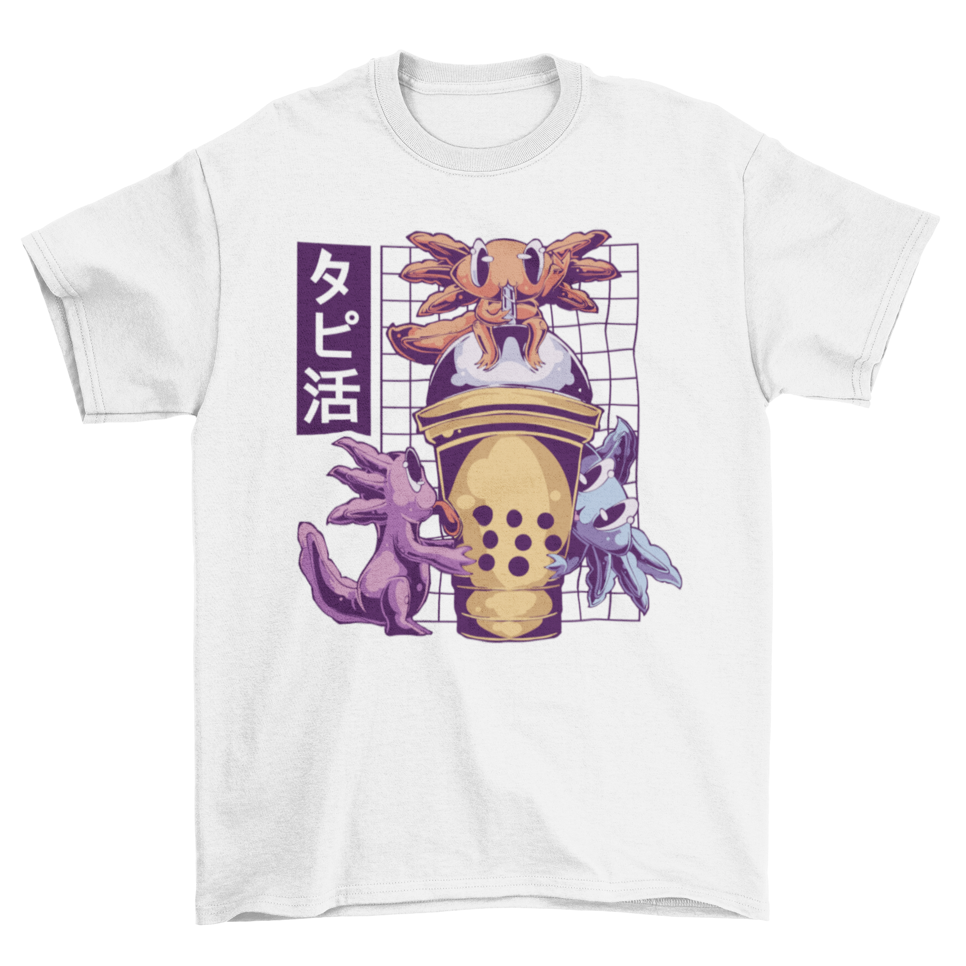 A colorful t-shirt featuring three cute axolotls drinking bubble tea, showcasing a fun and playful design.