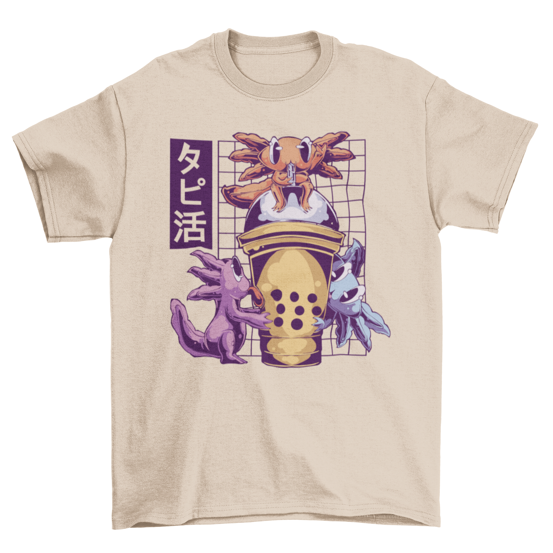 A colorful t-shirt featuring three cute axolotls drinking bubble tea, showcasing a fun and playful design.