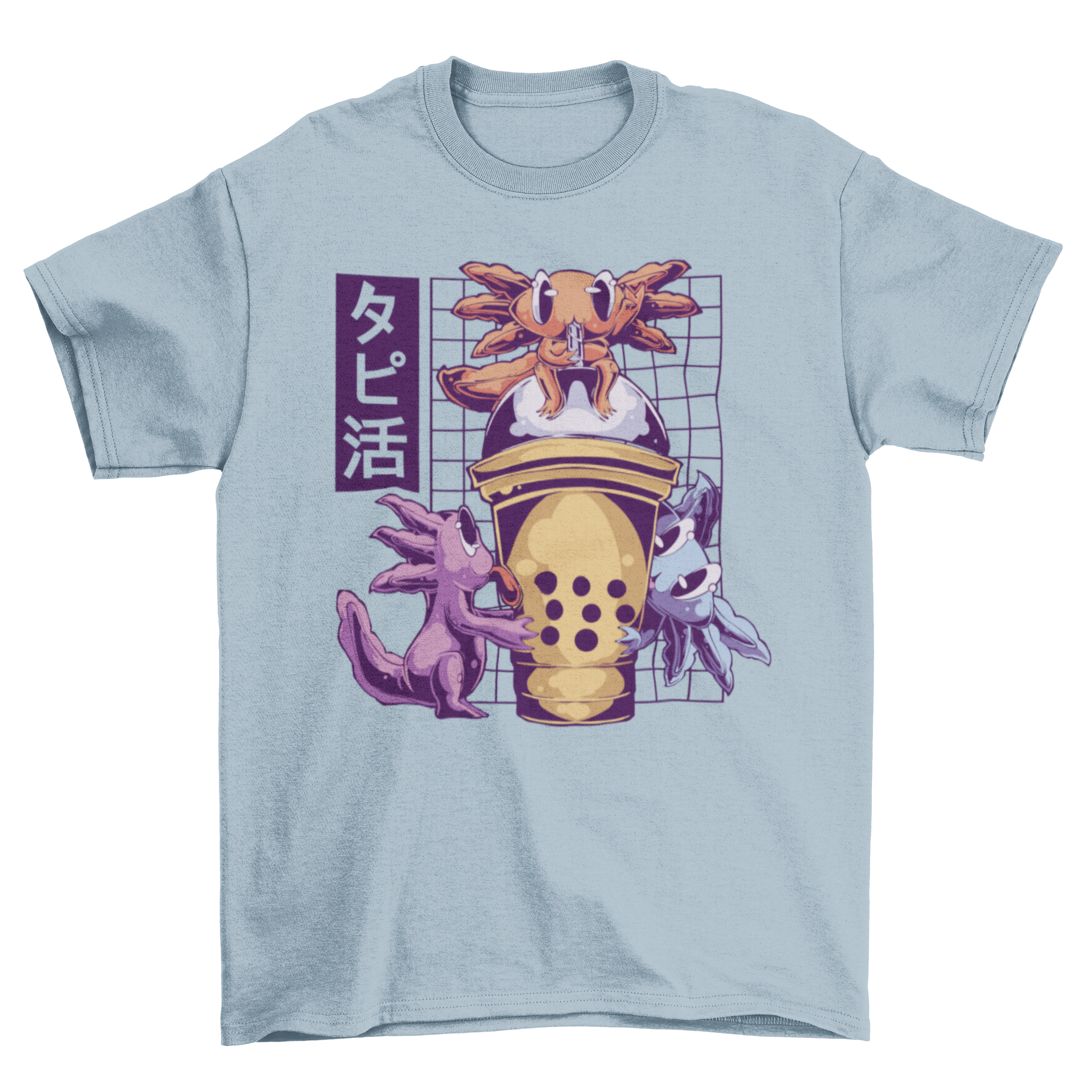 A colorful t-shirt featuring three cute axolotls drinking bubble tea, showcasing a fun and playful design.