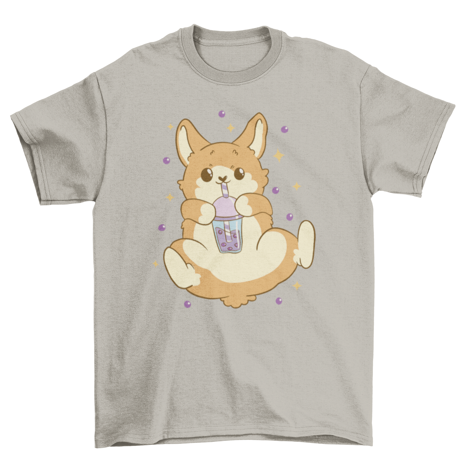 A cute corgi dog wearing a bubble tea themed t-shirt, showcasing a playful design.