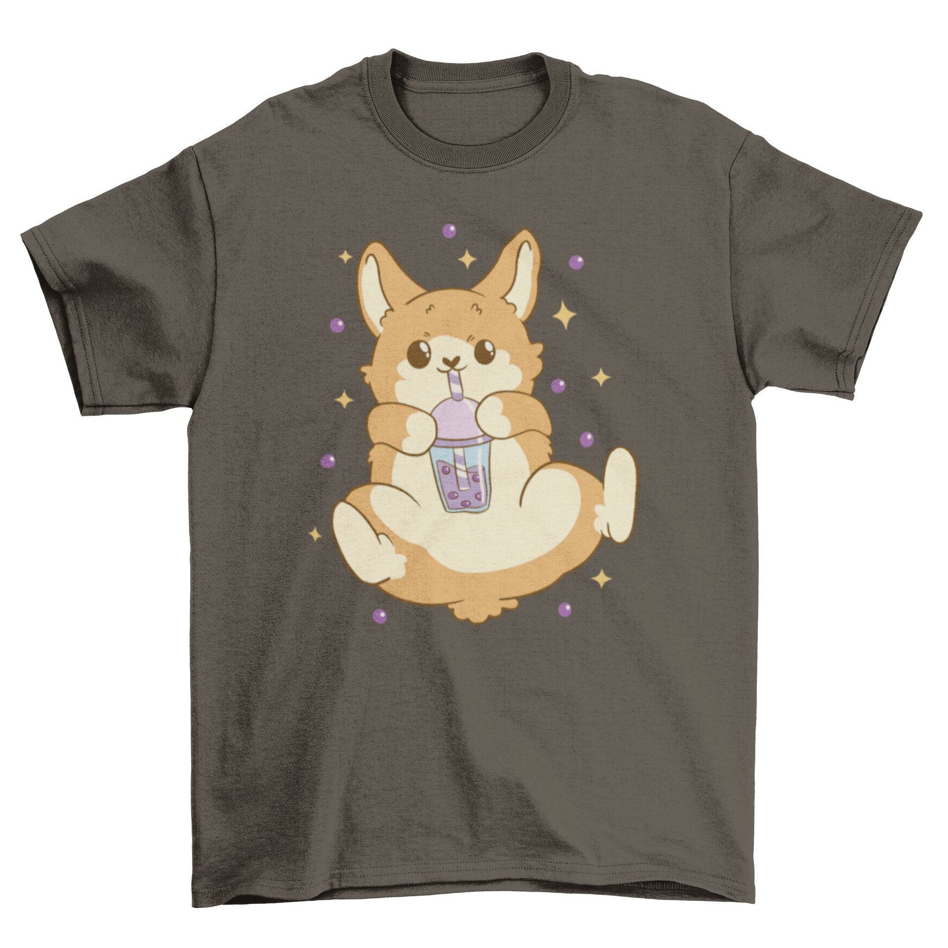 A cute corgi dog wearing a bubble tea themed t-shirt, showcasing a playful design.