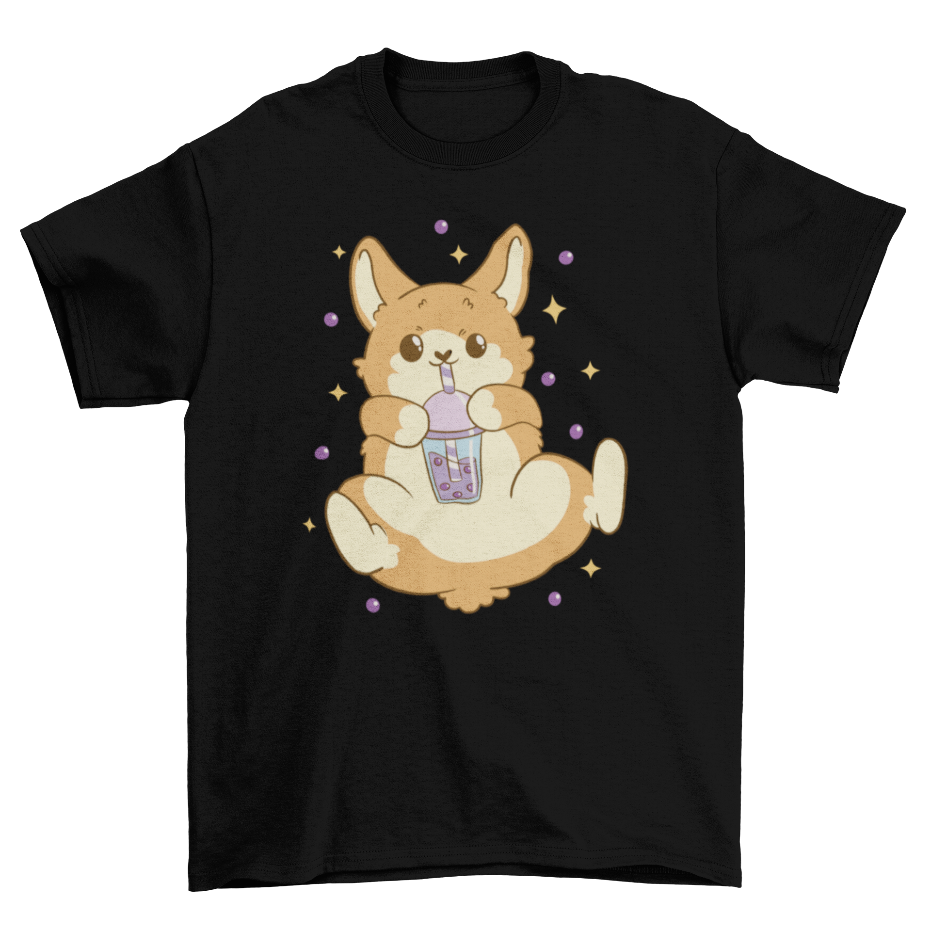 A cute corgi dog wearing a bubble tea themed t-shirt, showcasing a playful design.