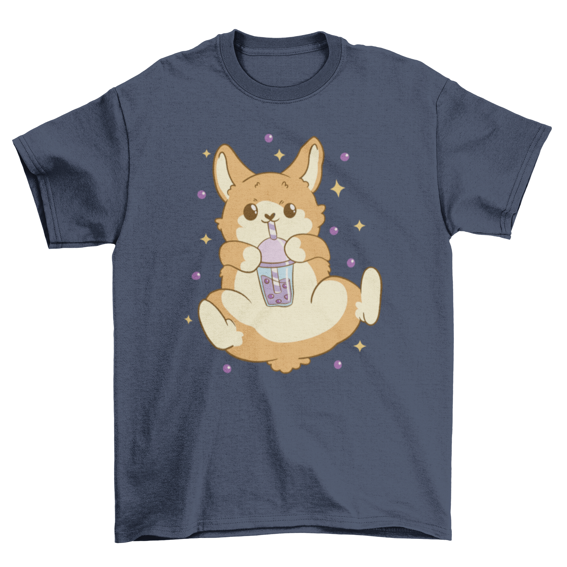 A cute corgi dog wearing a bubble tea themed t-shirt, showcasing a playful design.