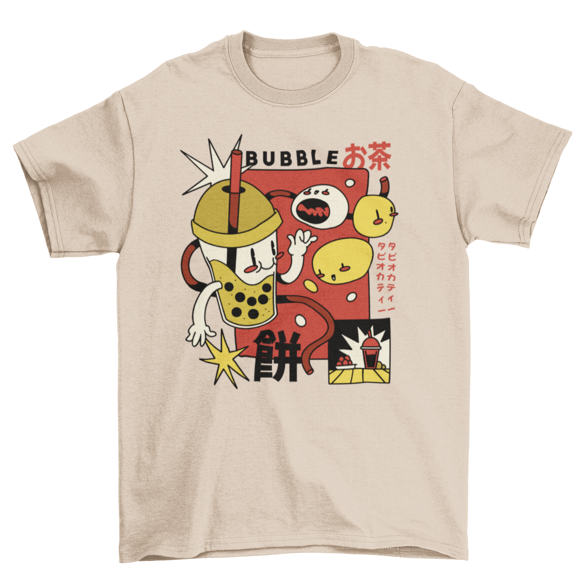 A stylish t-shirt featuring a colorful retro cartoon design of bubble tea, showcasing its playful and trendy appeal.