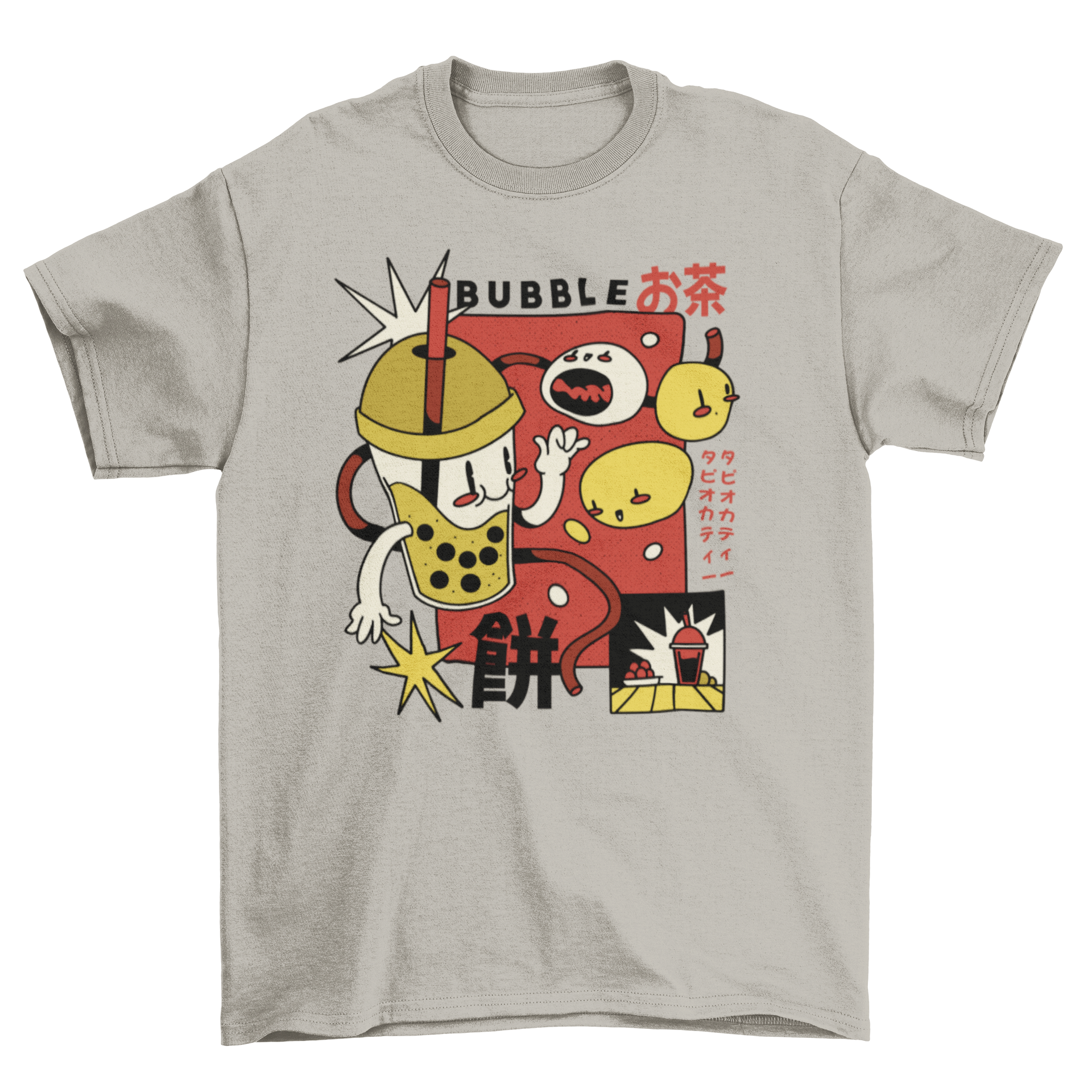 A stylish t-shirt featuring a colorful retro cartoon design of bubble tea, showcasing its playful and trendy appeal.