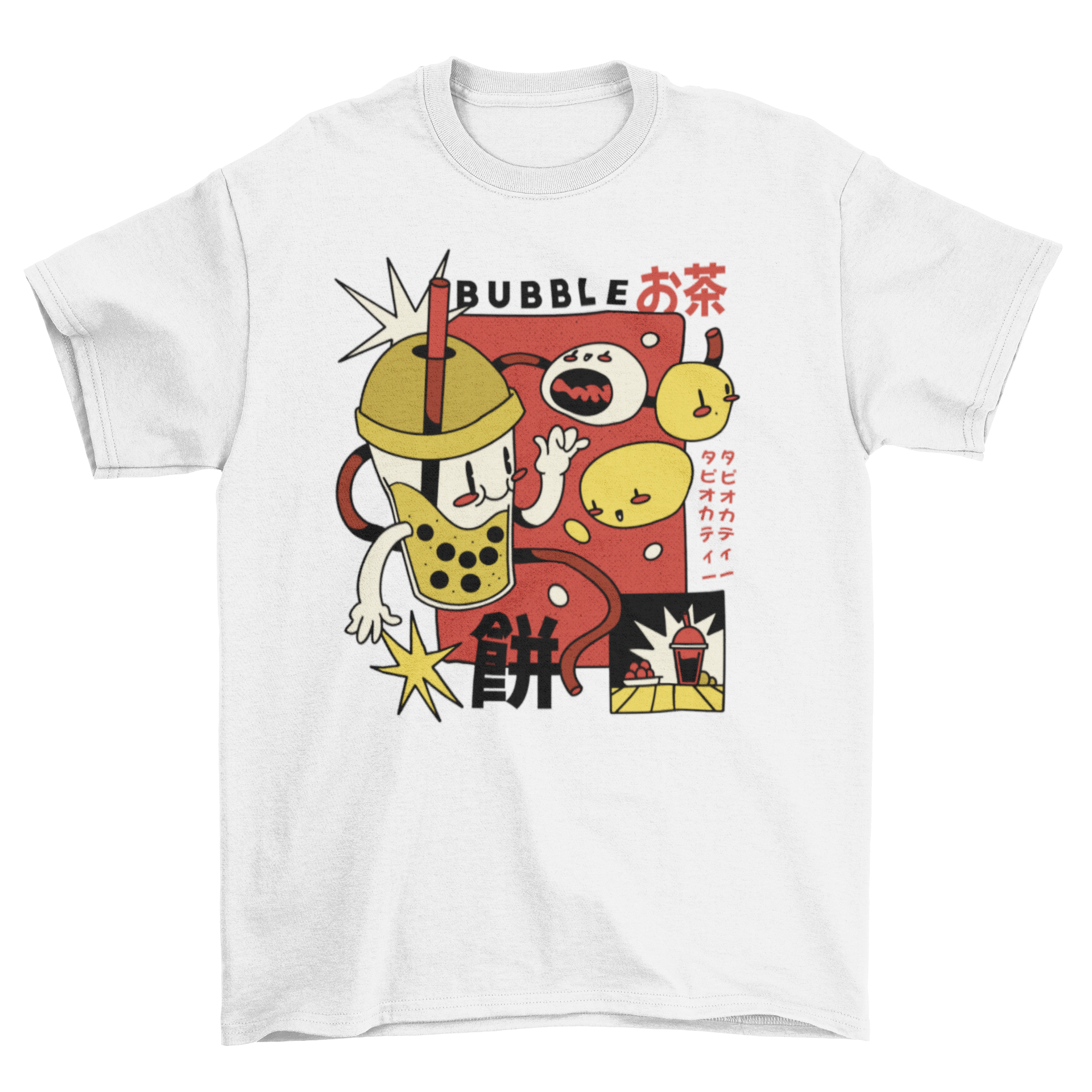 A stylish t-shirt featuring a colorful retro cartoon design of bubble tea, showcasing its playful and trendy appeal.