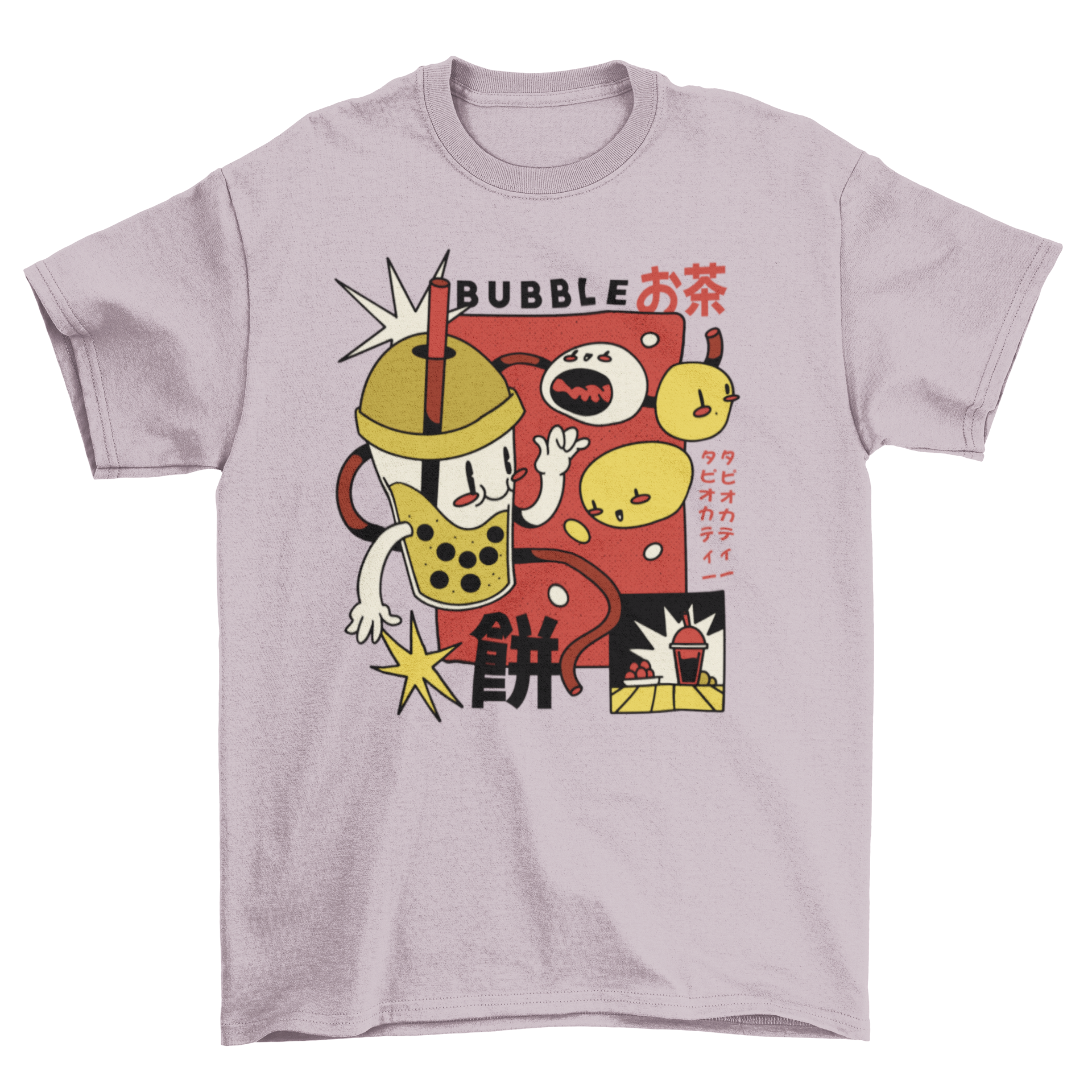 A stylish t-shirt featuring a colorful retro cartoon design of bubble tea, showcasing its playful and trendy appeal.