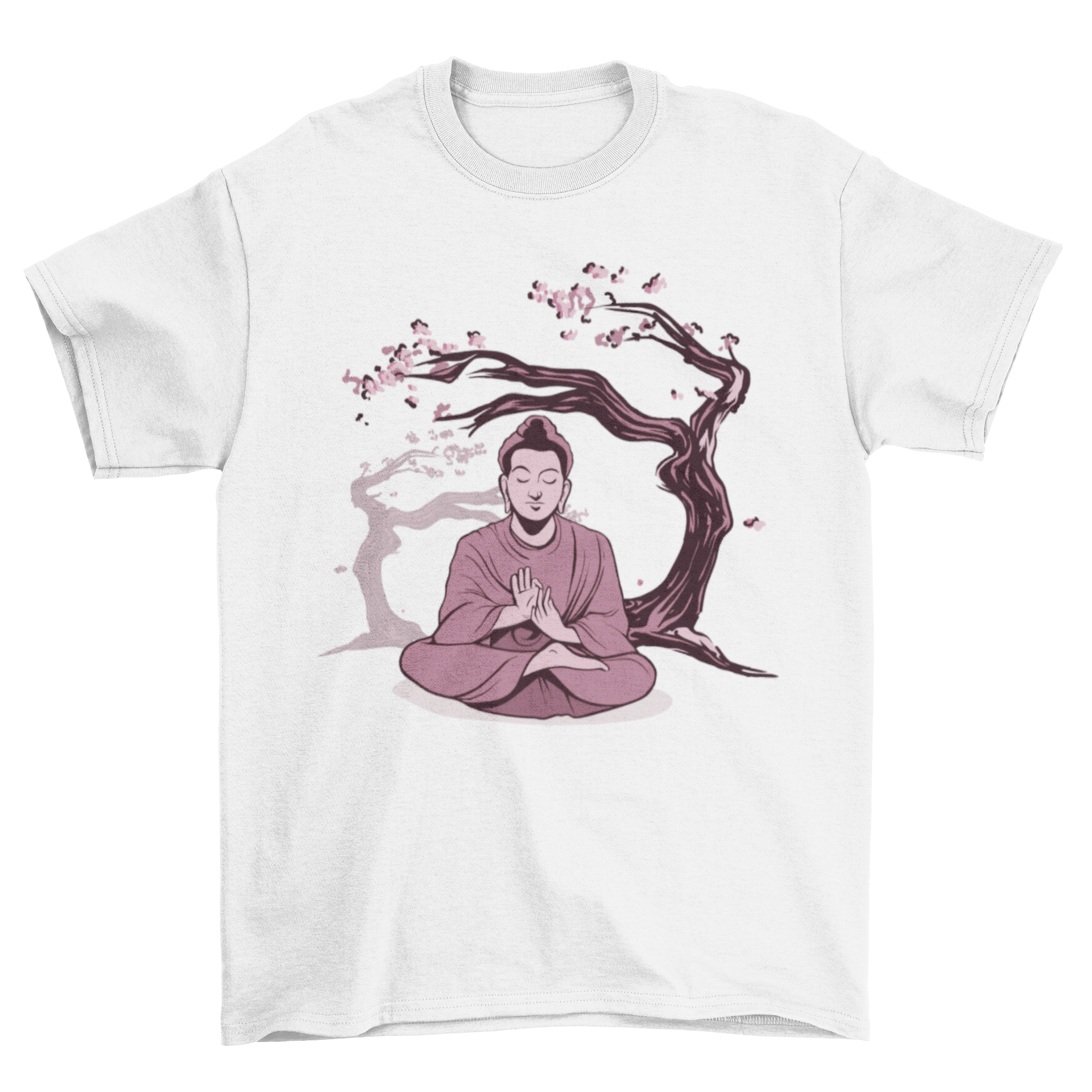 Buddha Sakura T-shirt featuring an illustration of Buddha with cherry blossoms in the background, showcasing a blend of spirituality and nature.